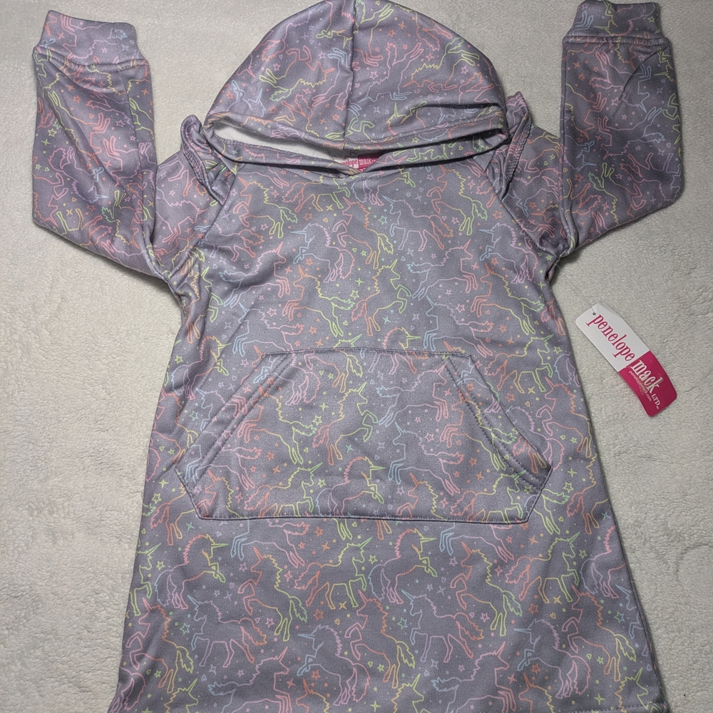 NWT Penelope Mack Girls Unicorn Hoodie Gray Size 3T Pullover Ruffle Shoulder